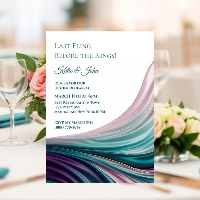 Invitation Répétition de dîner de mariage - Soie sarcelle et  (Wedding-Dinner Rehearsal-Modern Teal & Blush Silk Invitation )