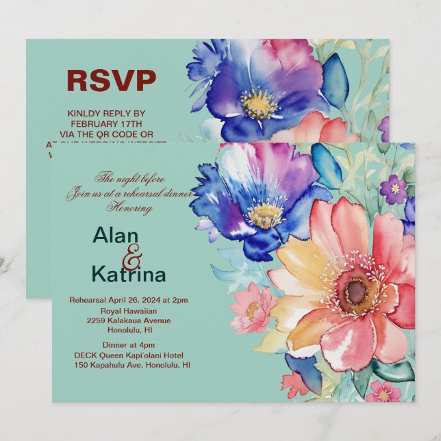 Invitation Répétition de dîner de mariage vert menthe floral  (Devant / Derrière)