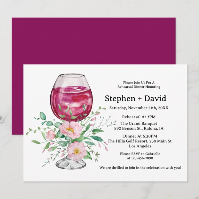 Invitation Répétition de dîner de verre à vin aquarelle flora (Devant / Derrière)