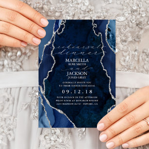 Invitation Répétition de dîner en marbre Navy et agate argent