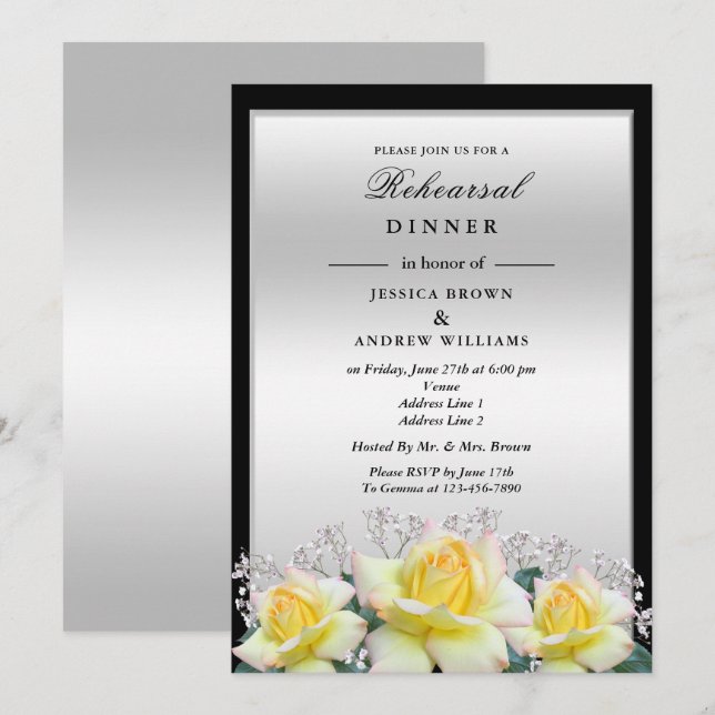 Invitation Répétition de dîner Roses élégantes chic Argent Ma (Devant / Derrière)