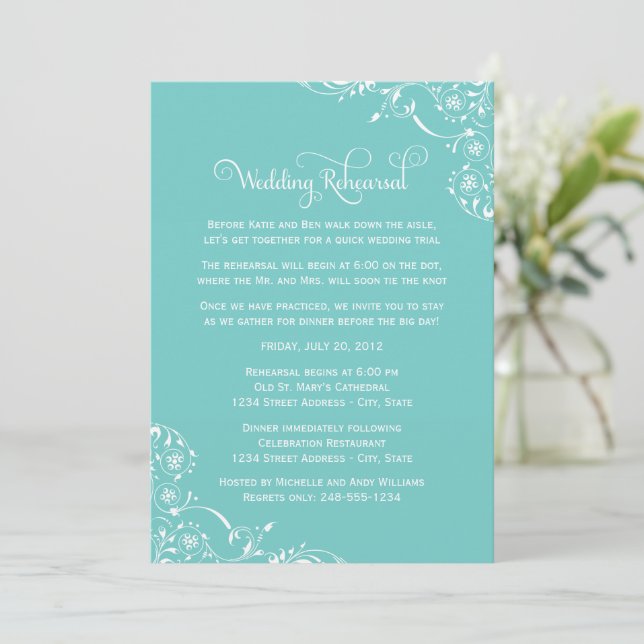 Invitation Répétition de mariage Aqua Flourish (Debout devant)