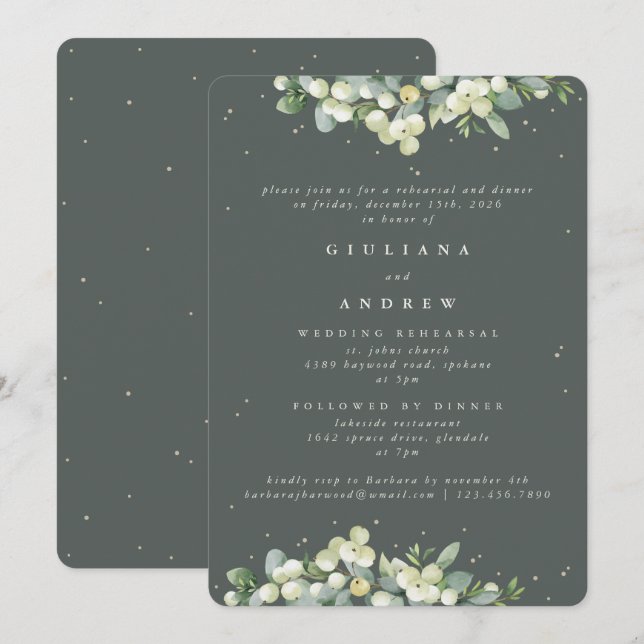 Invitation Répétition de mariage au Snowberry Gris Vert+Eucal (Devant / Derrière)