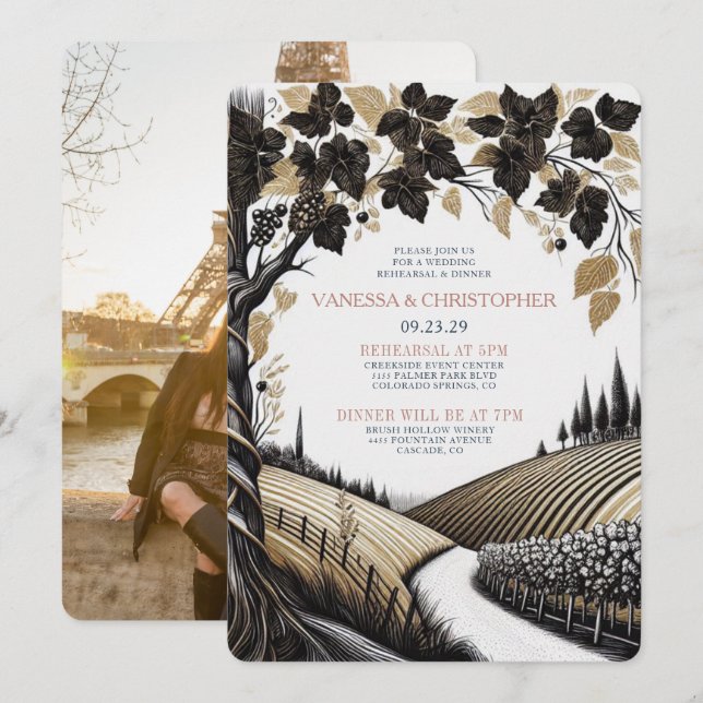 Invitation Répétition de mariage au vignoble rustique (Devant / Derrière)