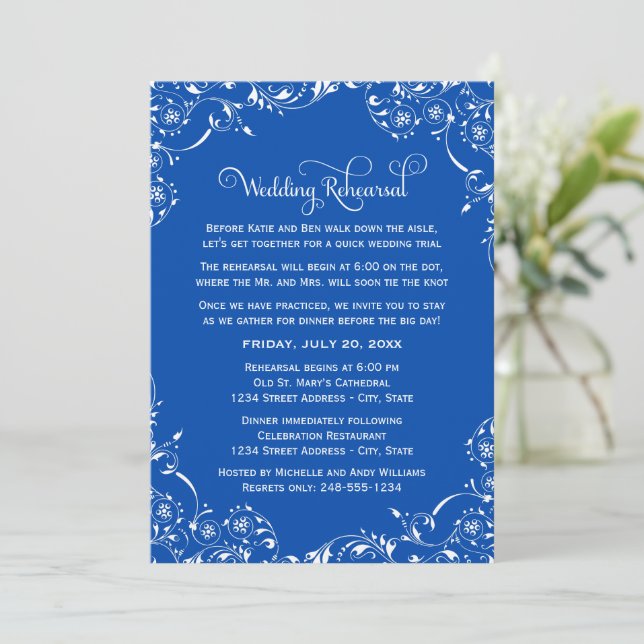 Invitation Répétition de Mariage avec Fleurissement Bleu Roya (Debout devant)