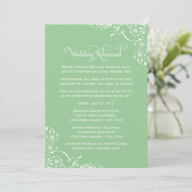 Invitation Répétition de Mariage avec Fleurissement Vert Ment (Debout devant)