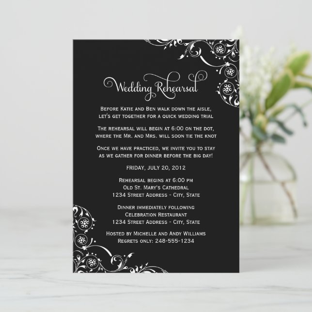 Invitation Répétition de mariage avec flourish noir (Debout devant)