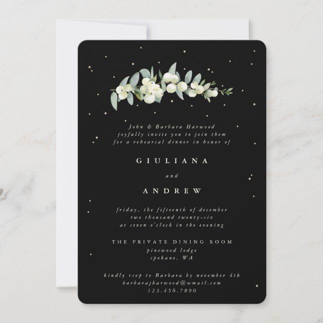Invitation Répétition de mariage Black Snowberry+Eucalyptus (Devant)