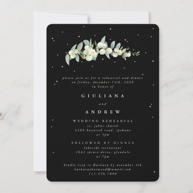 Invitation Répétition de mariage Black Snowberry+Eucalyptus (Devant)