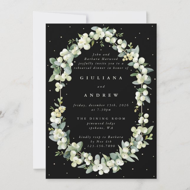 Invitation Répétition de mariage Black Snowberry+Eucalyptus (Devant)