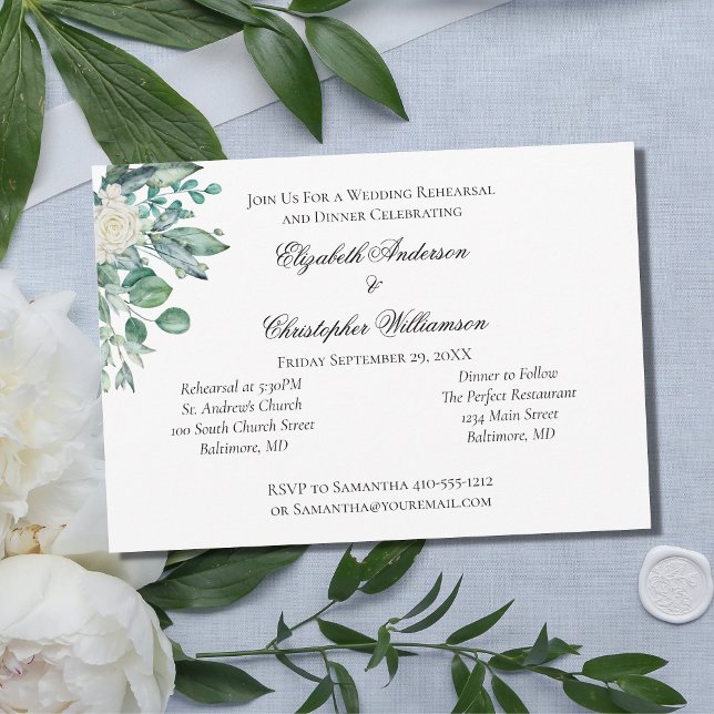 Invitation Répétition de mariage botanique à la rose blanche  (Créateur téléchargé)