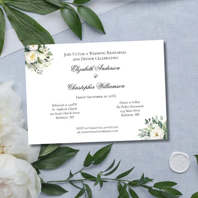 Invitation Répétition de mariage botanique à la rose blanche  (White Rose Floral Eucalyptus Wedding Rehearsal Dinner Invitation)