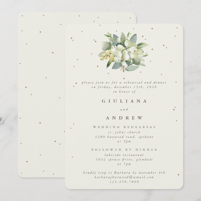 Invitation Répétition de mariage Cream Snowberry+Eucalyptus (Devant / Derrière)