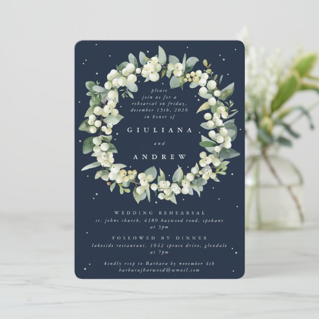 Invitation Répétition de mariage Dark Navy Snowberry+Eucalypt (Debout devant)