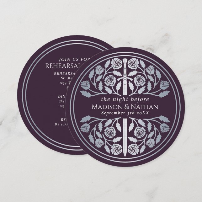 Invitation Répétition de mariage Épée d'Argent Aubergine (Devant / Derrière)