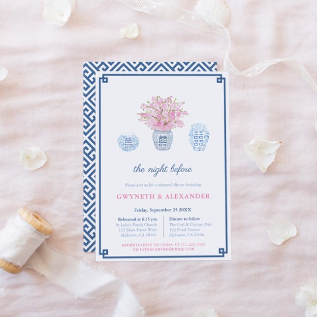 Invitation Répétition de mariage et dîner Navy Blush Chinoise (Créateur téléchargé)