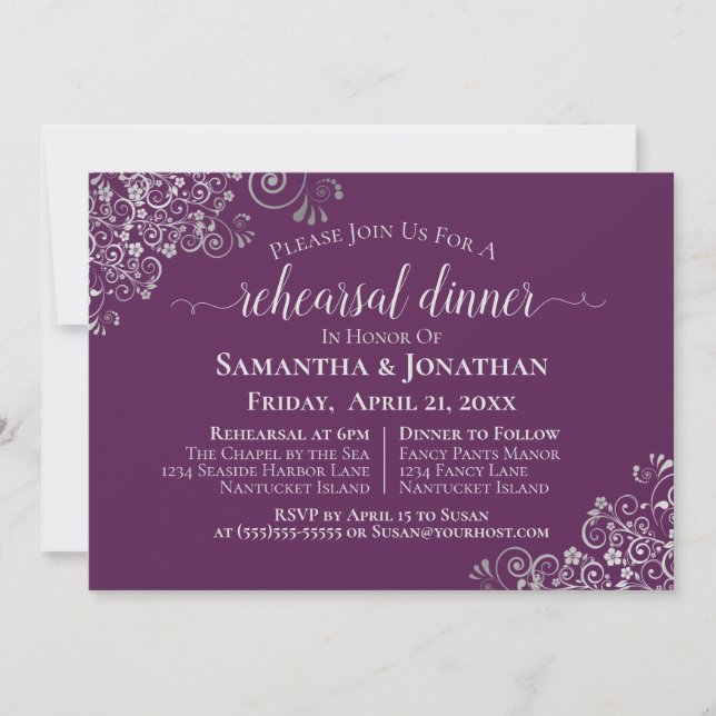 Invitation Répétition de mariage et dîner Violet pourpre & Ar (Devant)