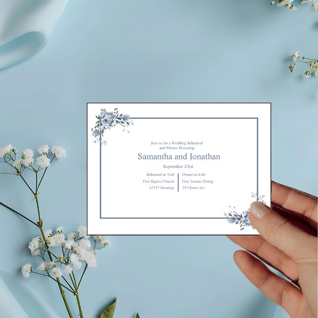 Invitation Répétition de mariage florale bleu poussiéreux mod (Créateur téléchargé)