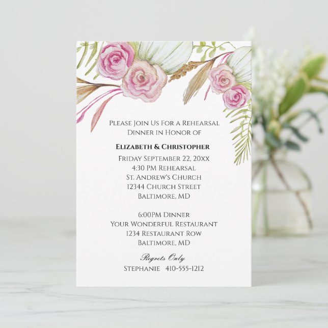Invitation Répétition de mariage florale botanique rose vert  (Debout devant)