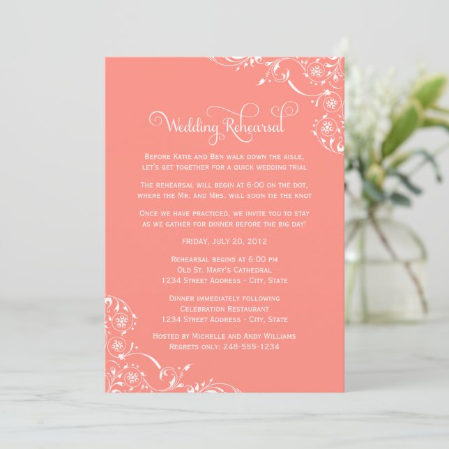 Invitation Répétition de mariage Flourish Coral (Debout devant)