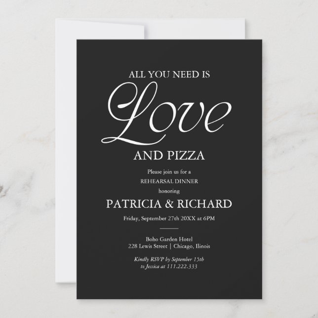 Invitation Répétition de mariage pizza noire moderne (Devant)