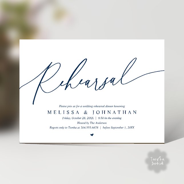 Invitation Répétition de mariage romantique moderne dîner dan (Modern Romantic Rehearsal Wedding Dinner Dancing Invitation Card in Navy Blue)
