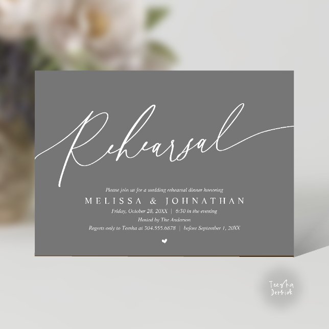Invitation Répétition de mariage romantique moderne Dîner de  (Modern Romantic Rehearsal Wedding Dinner Dancing Invitation Card in Dark Grey)