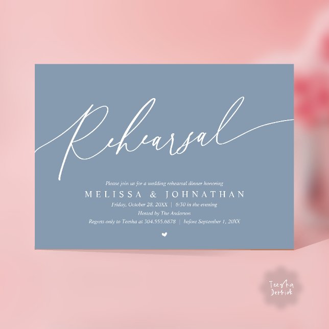 Invitation Répétition de mariage romantique moderne Dîner de  (Modern Romantic Rehearsal Wedding Dinner Dancing Invitation Card in Dusty Blue)