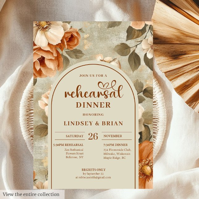 Invitation Répétition de mariage romantique rustique beige sa (Romantic Rusty Beige Olive Floral Wedding Rehearsal Invitation)