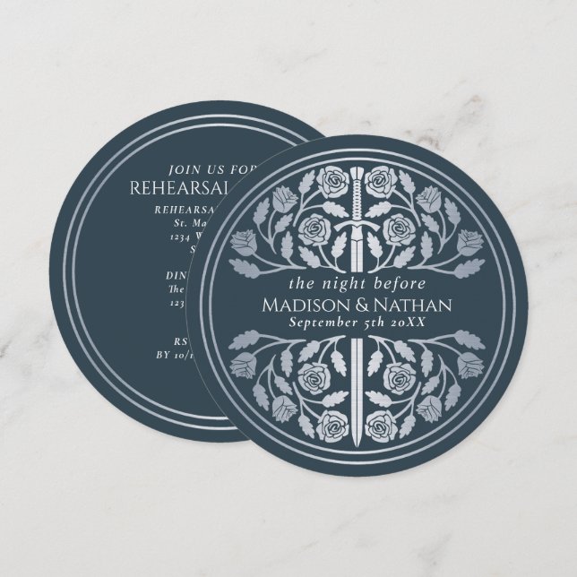 Invitation Répétition de mariage royal avec épée argent gris (Devant / Derrière)