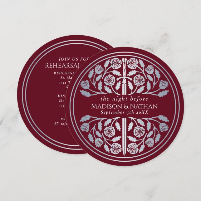 Invitation Répétition de mariage royal avec épée argentée rou (Devant / Derrière)
