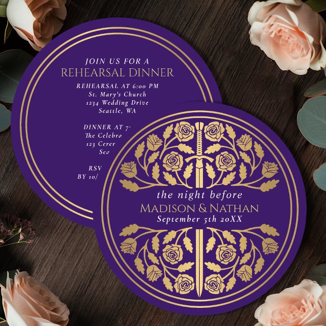 Invitation Répétition de mariage royal avec épée en or pourpr (Créateur téléchargé)