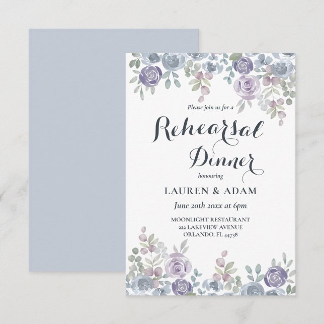Invitation Répétition de mariage rustique floral bleu poussié (Devant / Derrière)
