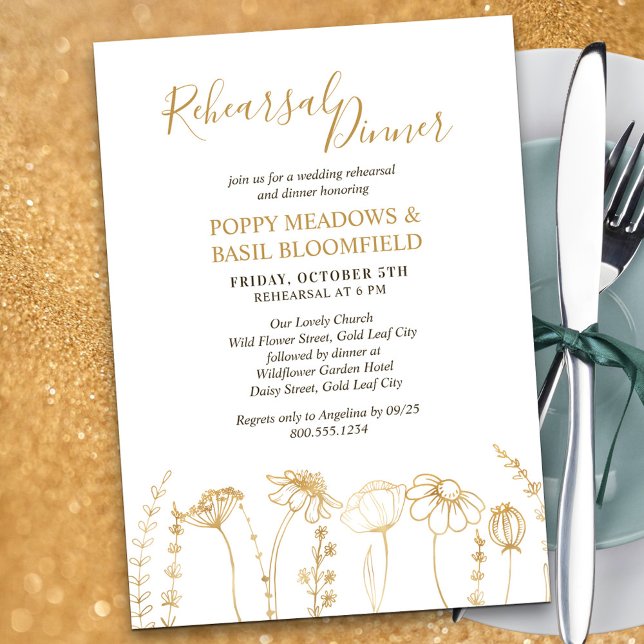 Invitation Répétition du Mariage Fleur sauvage d'or (Rehearsal Dinner Invitation in White & Gold, from my Wildflower Sketch collection)