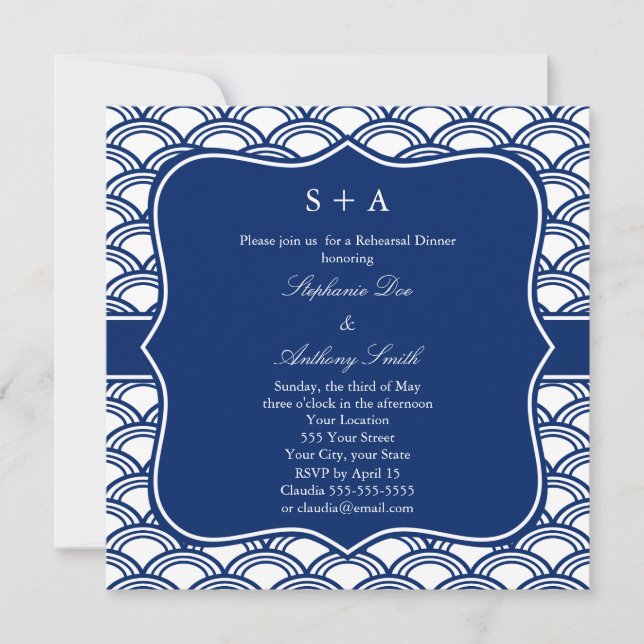 Invitation Répétition du Motif Monogram Royal Blue Seigaiha (Devant)