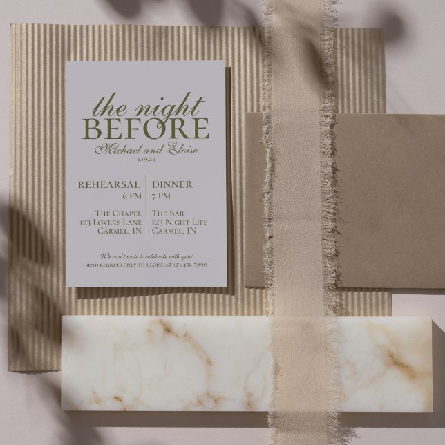 Invitation Répétition La Nuit Avant Le Mariage Vert Olive  (Modern Elegant Mousse Brown Wedding Suite Theme with options to personalize for your special day.)