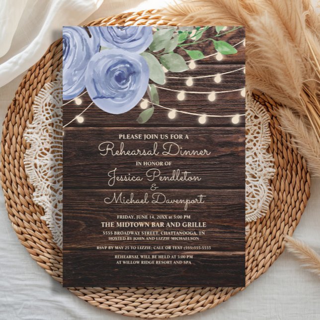 Invitation Répétition Mariage à chaîne de bois rustique (Rustic wood and dusty blue watercolor floral and string lights wedding Rehearsal Dinner invitation)