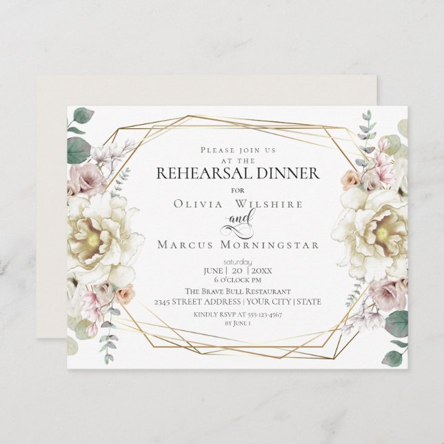 Invitation Répétition mariage | Aquarelle Bleu Peonies (Devant / Derrière)