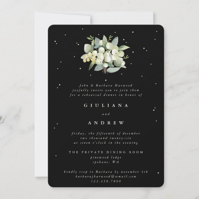 Invitation Répétition Mariage Black Snowberry+Eucalyptus (Devant)