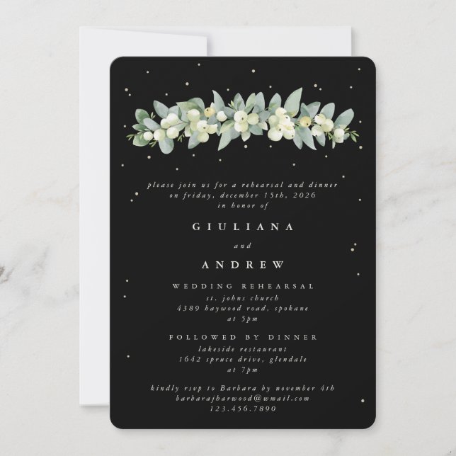 Invitation Répétition Mariage Black Snowberry+Eucalyptus (Devant)