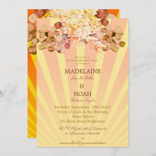 Invitation Répétition Mariage Floral Burnt Orange Sunray (Devant / Derrière)