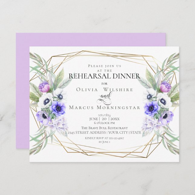 Invitation Répétition mariage | Floral d'anémone violet (Devant / Derrière)