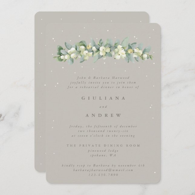 Invitation Répétition Mariage Greige Snowberry+Eucalyptus (Devant / Derrière)