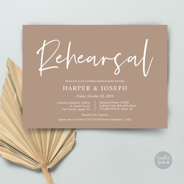 Invitation Répétition Mariage moderne et dîner, Taupe chaude (Wedding Rehearsal and Dinner Invitation Card, PDF, Modern Minimalist Elegant, in Warm Taupe)