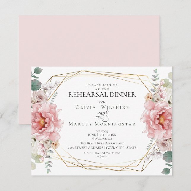Invitation Répétition mariage | Peonies d'aquarelle rose (Devant / Derrière)