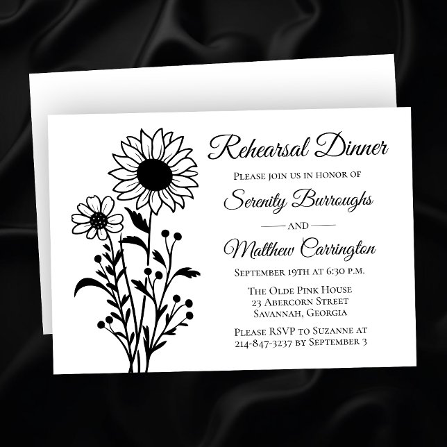 Invitation Répétition minimaliste florale Mariage noir blanc (Créateur téléchargé)