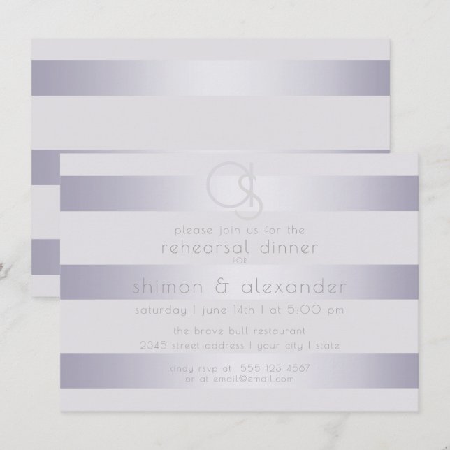 Invitation Répétition | Monogramme en argent violet en bande  (Devant / Derrière)