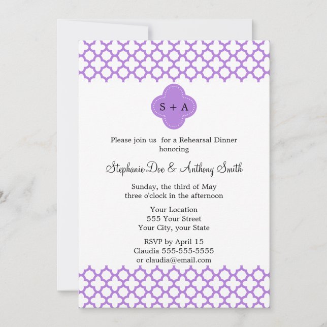 Invitation Répétition Motif de monogramme Lavender Quatrefoil (Devant)