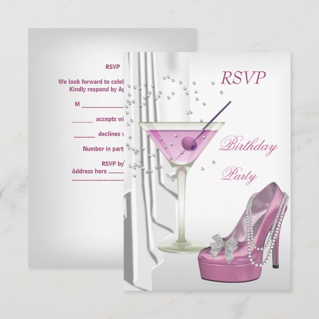 Invitation Répondre à une soirée d'anniversaire Martini rose  (Devant / Derrière)