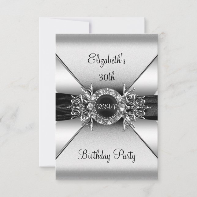 Invitation Répondre Anniversaire Diamant Bijou Noir Blanc Arg (Devant)